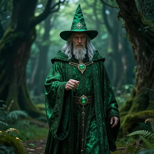 Photorealistic digital art: An elderly wizard with a long white beard, green hat, and ornate green robe stands in a mystical forest, pointing
