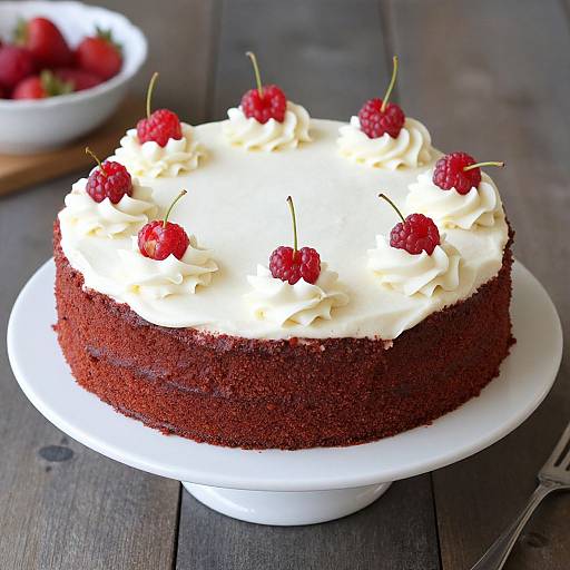 Photograph of a red velvet cake with white frosting, topped with six red raspberries, on a white plate, wooden table background.
