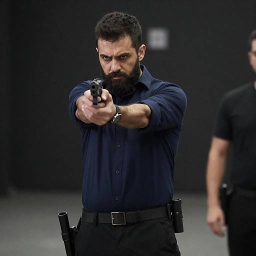 Man Aiming Gun with Focused Expression
