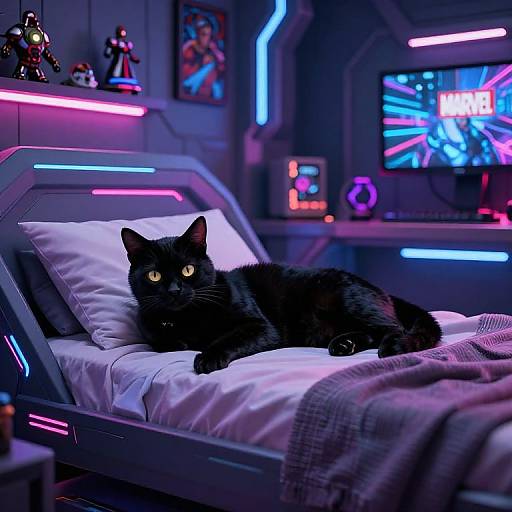 Neon-lit futuristic bedroom with a black cat lying on a glowing bed, surrounded by sci-fi decor and vibrant blue and pink lights.