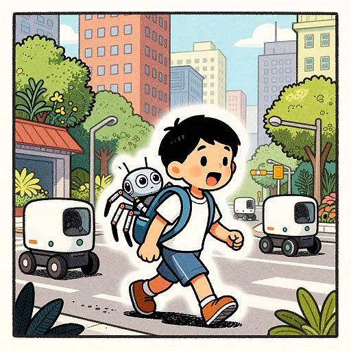 Cartoon-style illustration of a young boy with black hair, wearing a white shirt, blue shorts, and brown shoes, walking across a city street with