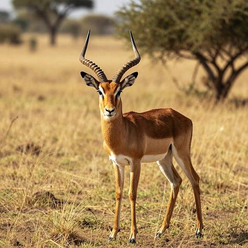 Photograph of a graceful, golden-brown impala with curved horns standing in a sunlit, grassy savanna, with a blurred tree in