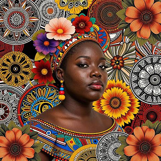 Photograph of a dark-skinned woman with a vibrant, floral headdress and colorful traditional dress, set against an intricate, abstract floral background.