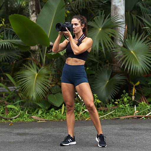 Photograph of a fit, muscular woman with brown hair in a bun, wearing a black sports bra and shorts, taking photos outdoors with lush green tropical