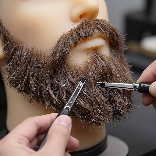 Photograph of a mannequin head with a full, dark brown, textured beard being trimmed with precision hair clippers and scissors.