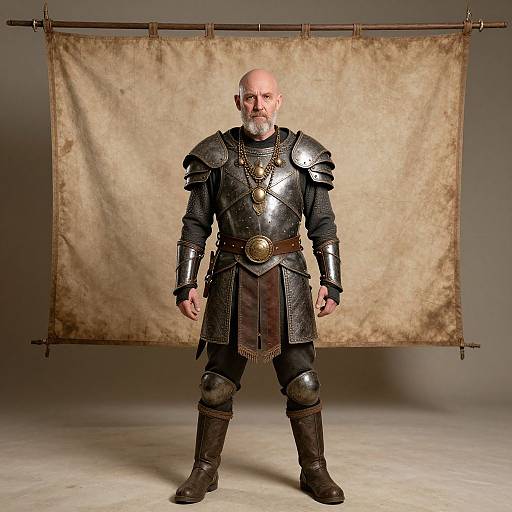 Photograph of a bald, older man with a beard, wearing medieval-style black armor with silver accents, standing before a beige, tattered backdrop.