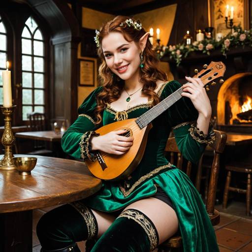 Half-Elf Bard Playing Lute in Tavern