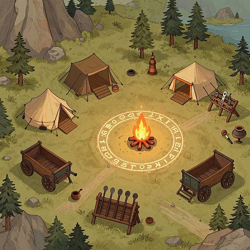 Digital illustration of a campsite with four tents, two wooden wagons, a fire pit, fire, and gear on a grassy hillside surrounded