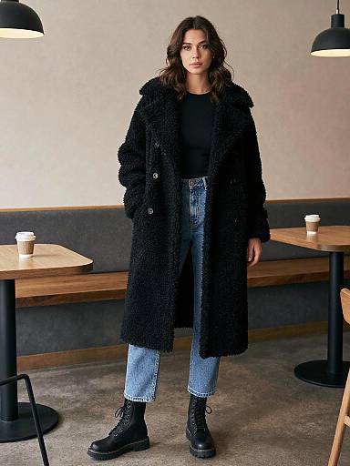 Photograph of a young woman with wavy brown hair, wearing a black fluffy coat, black top, blue high-waisted jeans, and black