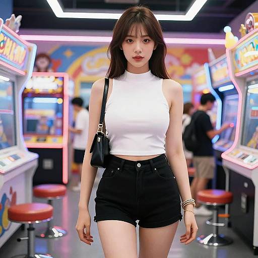 Busty Woman in Carnival VR Arcade