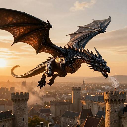 Photograph of a black, detailed dragon with large wings soaring over a medieval cityscape at sunset, with castle towers and rooftops below.