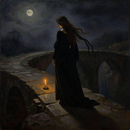 Solitary Woman on Moonlit Stone Bridge