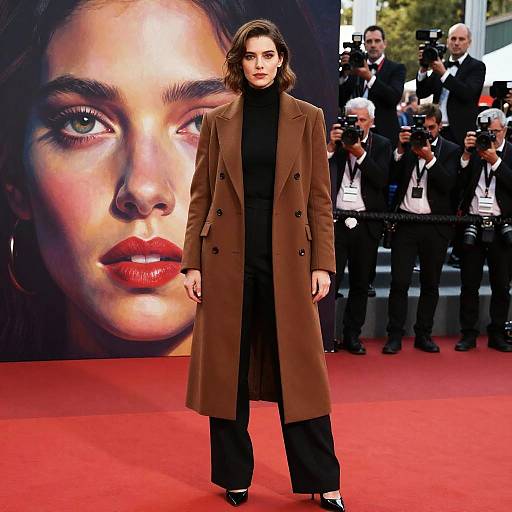 Photograph of a woman with wavy brown hair, wearing a brown double-breasted coat, black turtleneck, and black pants, standing on