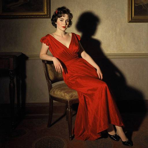 Photograph of a fair-skinned woman with vintage black curly hair, wearing a red velvet dress, seated in a dimly lit room, casting a