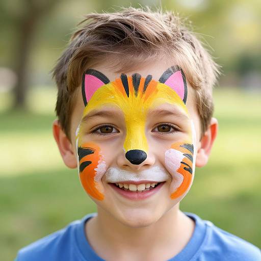 Photograph of a smiling young boy with brown hair, wearing a blue shirt, featuring vibrant tiger face paint on his cheeks and forehead in a sunlit