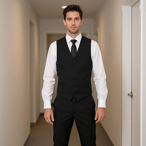 Photorealistic CGI of a handsome, bearded man with short dark hair, wearing a black vest, white shirt, and black tie, standing in