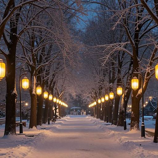 Snowy twilight path lined with glowing street lamps, bare trees dusted with snow, creating a warm, serene winter scene.