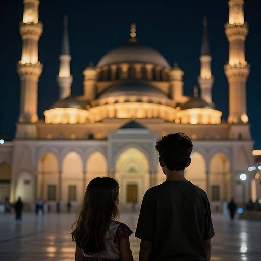 Photograph of a child and a girl with curly hair, silhouetted against a brightly lit, illuminated mosque at night.