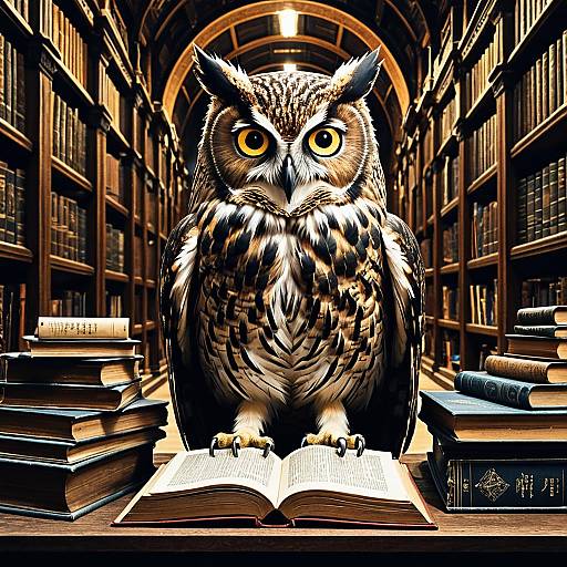 Owl Scholar with Ancient Books in Library