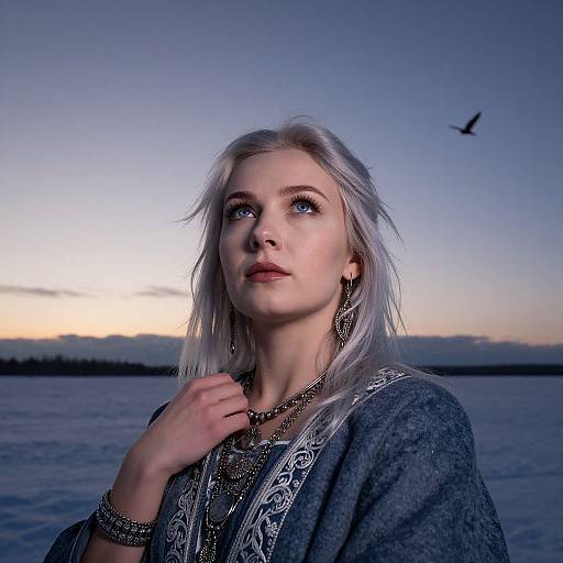 Photograph of a pale-skinned, blue-eyed woman with long, silver hair, wearing a detailed, dark blue shawl, against a twilight ocean