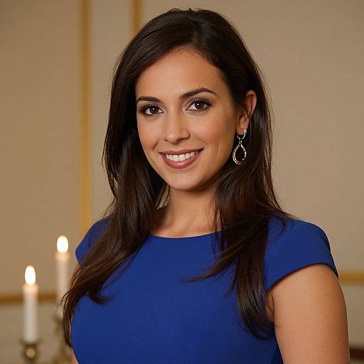 Photograph of a smiling woman with long dark hair, wearing a blue dress and silver hoop earrings, against a softly lit background.