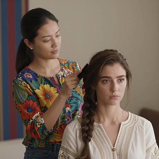 Woman Brushing Hair with Floral Blouse