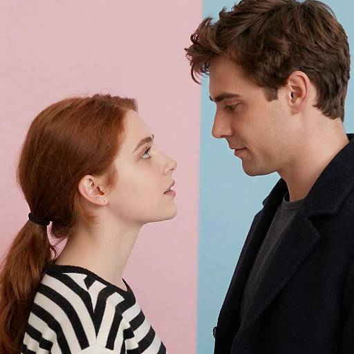 Photograph of a red-haired woman with a striped shirt and a fair-skinned man with dark hair, gazing at each other against a pink and