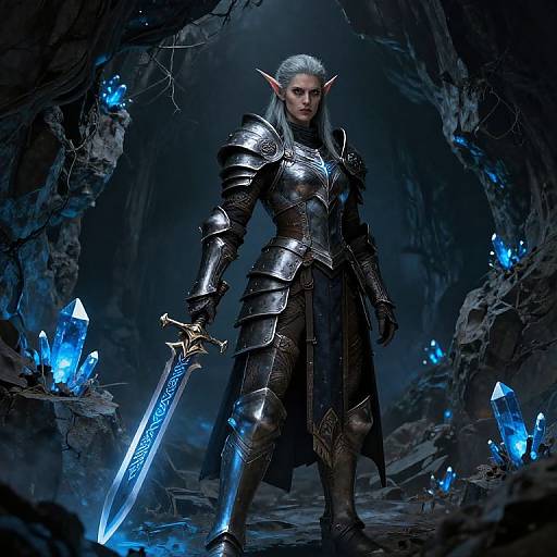Digital fantasy artwork of a silver-haired, elf warrior in dark, ornate armor, holding a glowing blue sword, standing in a dim, rocky cave