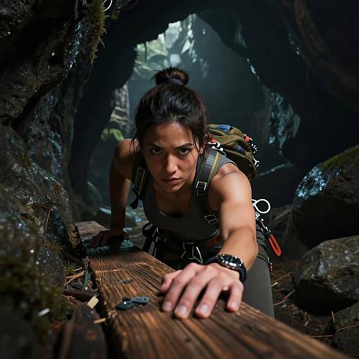 Photorealistic CGI of a determined, dark-haired woman with a topknot, crawling through a dark, rocky cave, wearing hiking gear and a