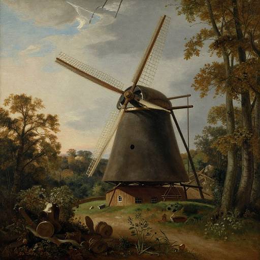 Photorealistic painting of a traditional Dutch windmill with large white blades, set in a lush, wooded landscape at sunset.