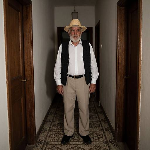 Elderly Man in Rustic Dim Hallway