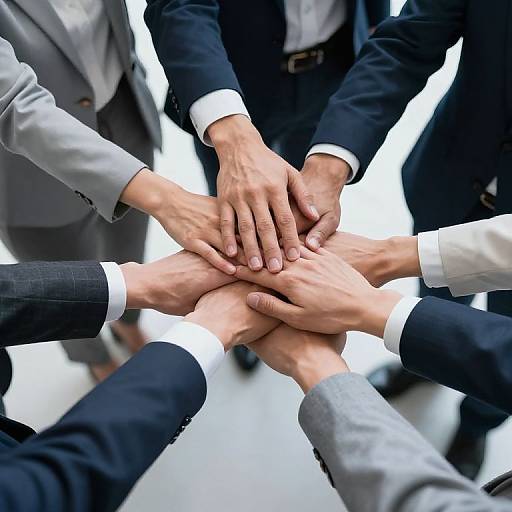 Photograph of six men's hands, dressed in black and grey suits, forming a circle and touching in the center.