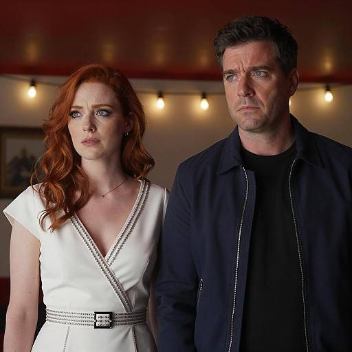 Man and Woman with Concerned Expressions in Dimly Lit Room