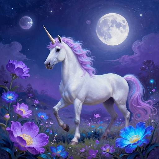 Digital artwork of a white unicorn with a pink mane, standing in a moonlit field of vibrant purple and blue flowers. A full moon and stars illuminate