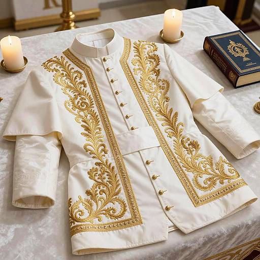 Photograph of an ornate white clerical shirt with elaborate gold embroidery, displayed on a marble table with three lit candles and a blue book.