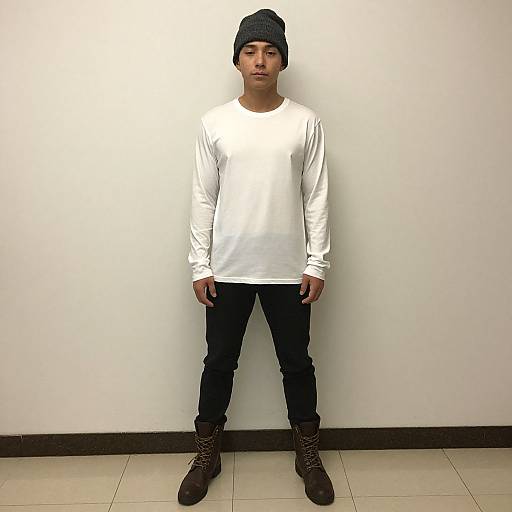 Photograph of a young man with medium skin tone, wearing a black beanie, white long-sleeve shirt, black jeans, and brown boots