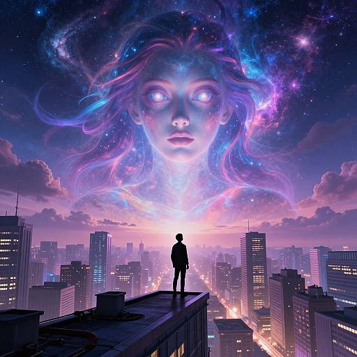 Digital art: Silhouetted figure on rooftop gazing at gigantic, glowing, ethereal female face in cosmic night sky, cityscape below.