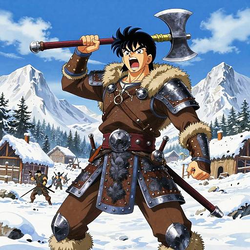 Fearless Viking Warrior in Snowy Village