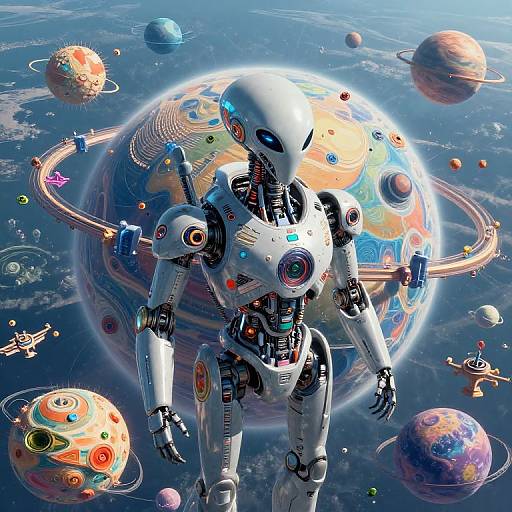 Digital art: White, futuristic robot with glowing blue eyes and colorful circular sensors stands in front of a vibrant, ringed planet in a colorful, cosmic