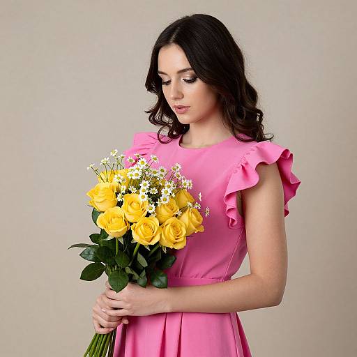 Woman in Pink Dress with Flowers