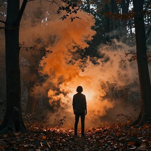 Silhouetted figure standing before a large, vivid orange forest fire in a dense, autumnal forest, with smoke billowing upward. Photograph.