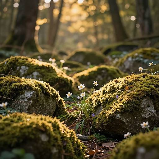 Photograph of a sunlit forest floor, featuring moss-covered rocks with small white flowers, surrounded by blurred trees and golden light.