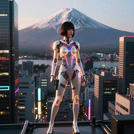 CGI image of a robotic woman with a bob haircut, standing on a rooftop against a cityscape with Mount Fuji at sunset. Neon lights illuminate her