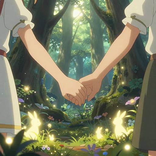 Anime-style digital art of two hands holding each other in a magical forest, surrounded by glowing fireflies and vibrant flowers.