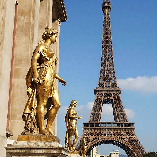 Photograph of a golden statue pair in front of the Eiffel Tower under a bright blue sky, with city buildings in the background.
