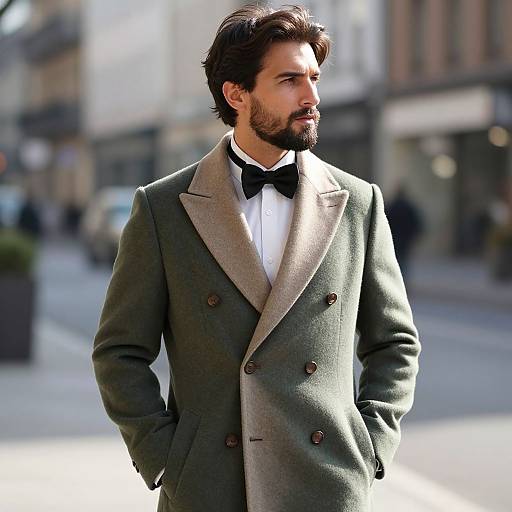 Photograph of a bearded man with dark hair, wearing a green double-breasted suit with gray lapels, black bow tie, and white shirt