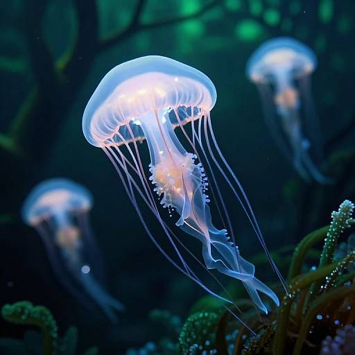 Photograph of glowing blue jellyfish with translucent bodies and long, flowing tentacles, illuminated in a dark, underwater oceanic environment.