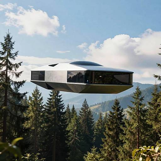 Futuristic Flying Car Over Pine Forest