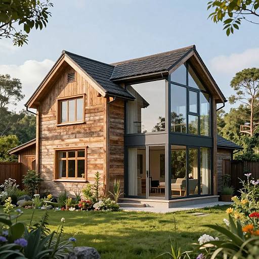 Photograph of a two-story wooden house with large black-framed windows, surrounded by a lush garden with colorful flowers and trees.