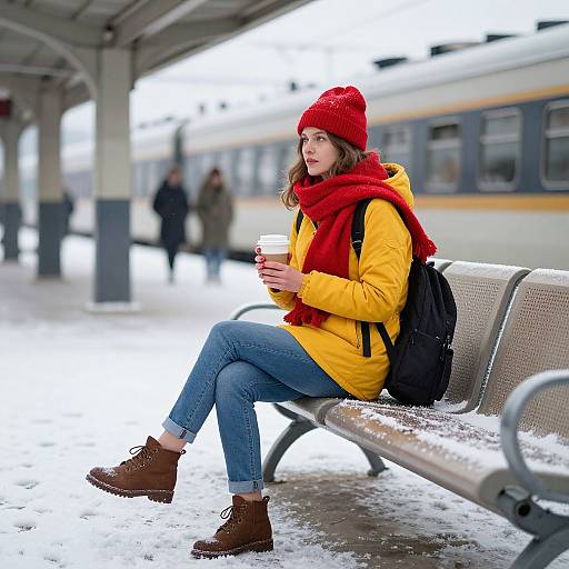 Photograph of a young woman in a yellow jacket, red scarf, and red hat, sitting on a snowy train platform, holding a coffee cup,